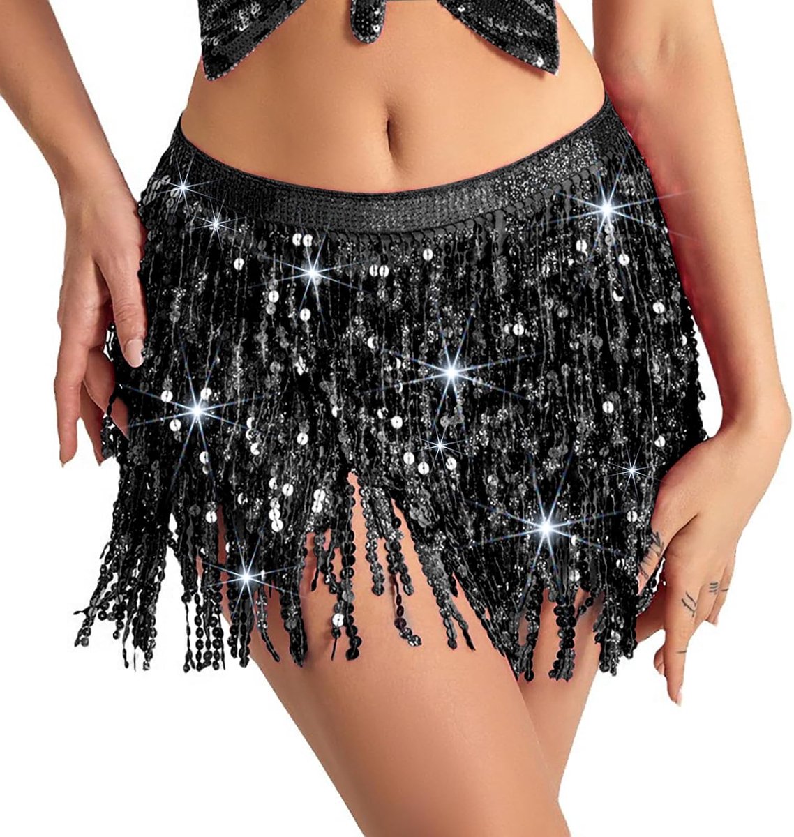 Belly Dance Costume Sequins Fringe Hip Scarf Belt Waist Beach Wrap Skirt, Black - ShopVlot