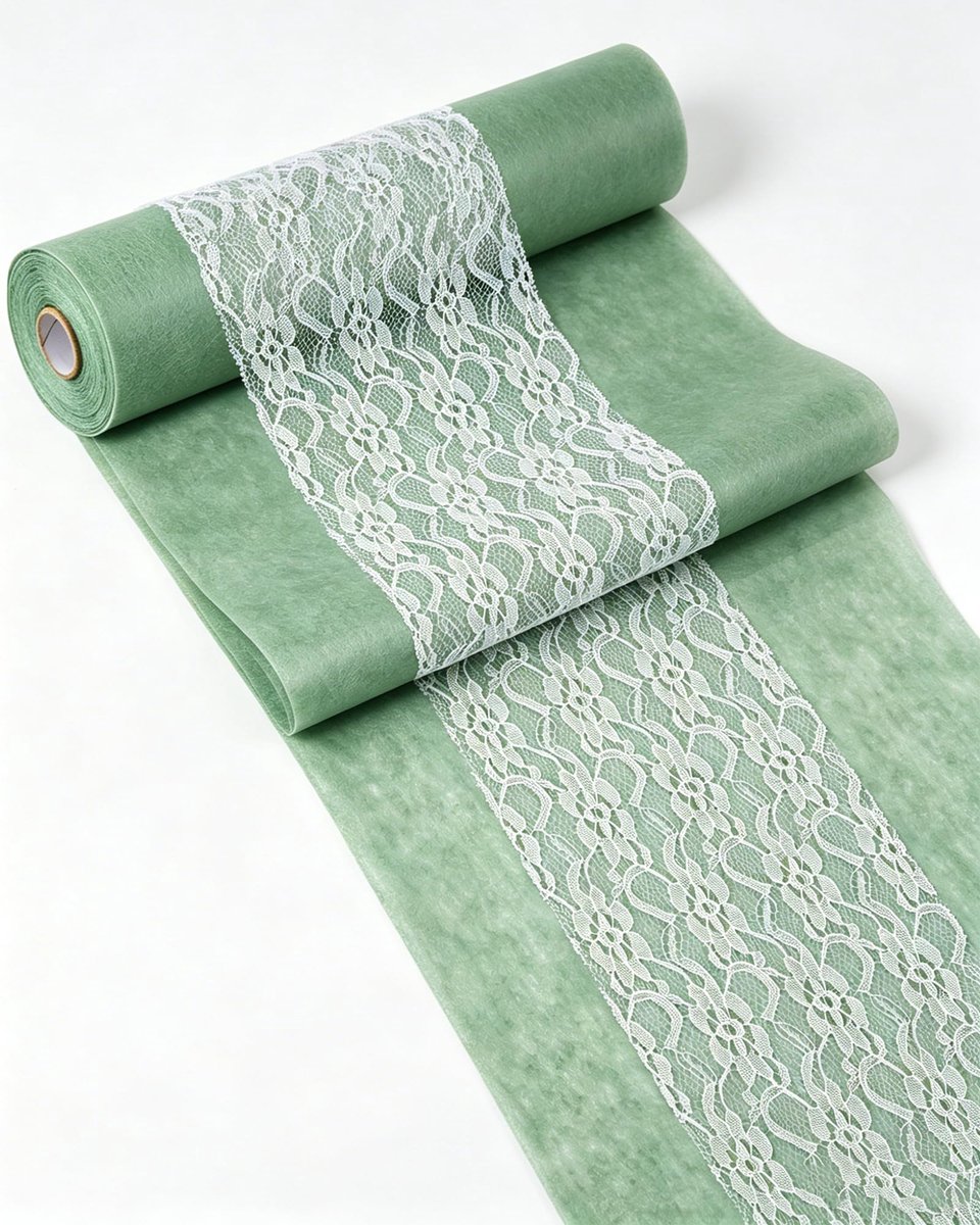 Non-woven Table Runner Roll 11.81 in x 82 ft & White Lace Ribbons Decorative 5.91 in x 82 ft, Eucalyptus Green - ShopVlot