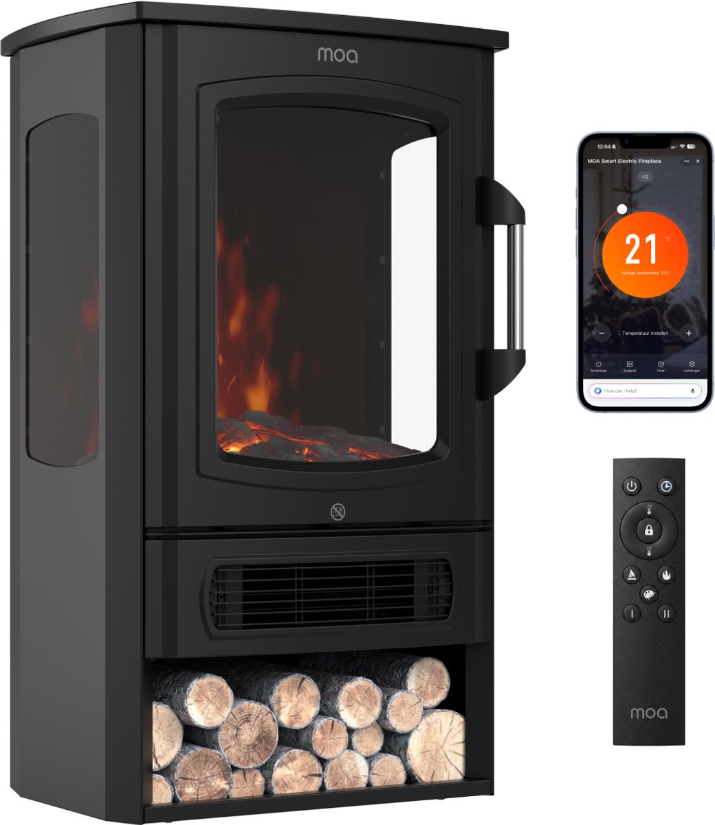 MOA Sfeerhaard Elektrisch - Met App - Haard met Verwarming - 2000W - Kachel Vrijstaand - Openhaard - Realistisch Haard LED Licht - Zwart