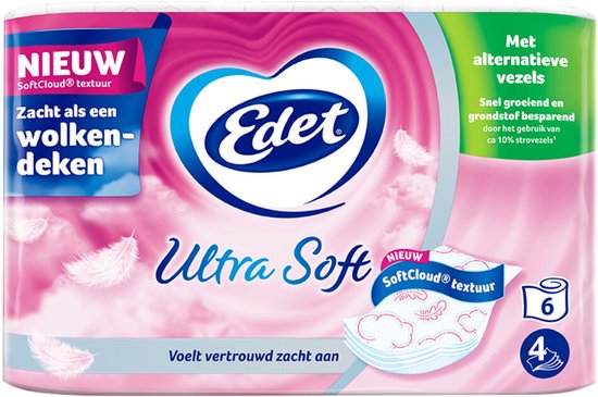Verpakking Edet Ultra Soft toiletpapier met roze wolkendessin. "Nieuw SoftCloud textuur" en "Zacht als een wolkendeken".