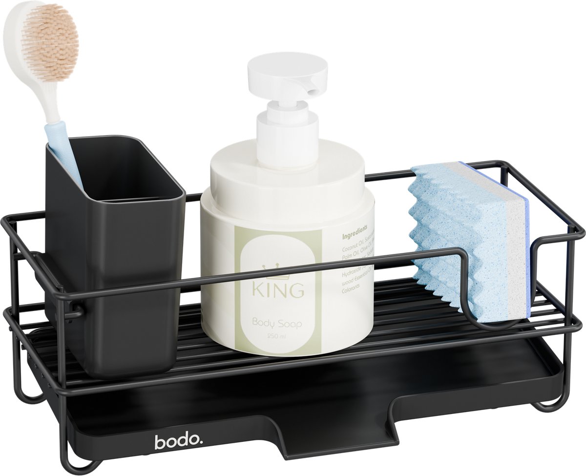 Afdruiprek - Gootsteen organizer met sponshouder - Keuken organizer voor Afwasmiddel en Borstels - Zwart – Bodo