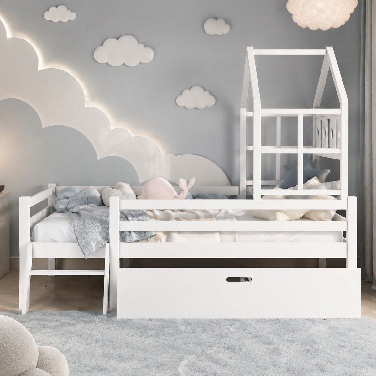 WUVRIE Kinderhoogslaper 90x200 cm met huisvorm, ladder, lade en lattenbodem, wit