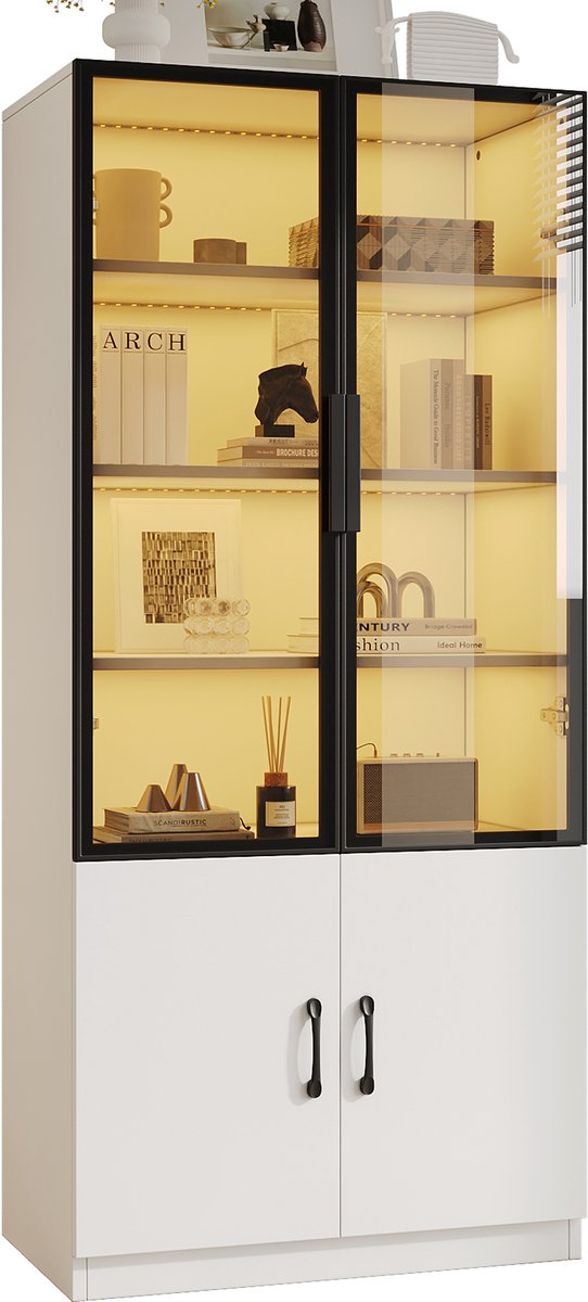 LONG DRAGON Home - Vitrinekast - Met ledverlichting en rookglas - Aluminium frame en twee onderdeuren - 60×40×160 cm displaykast
