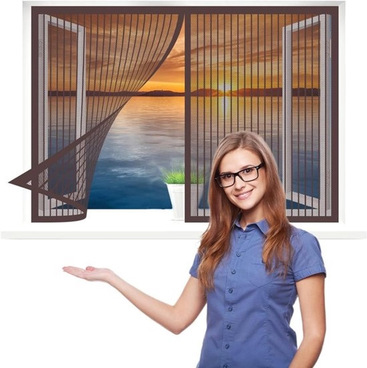 hor voor het raam - vliegenhor als raamscherm - houdt insecten buiten - magnetische bevestiging - 115 x 65 cm - bruin