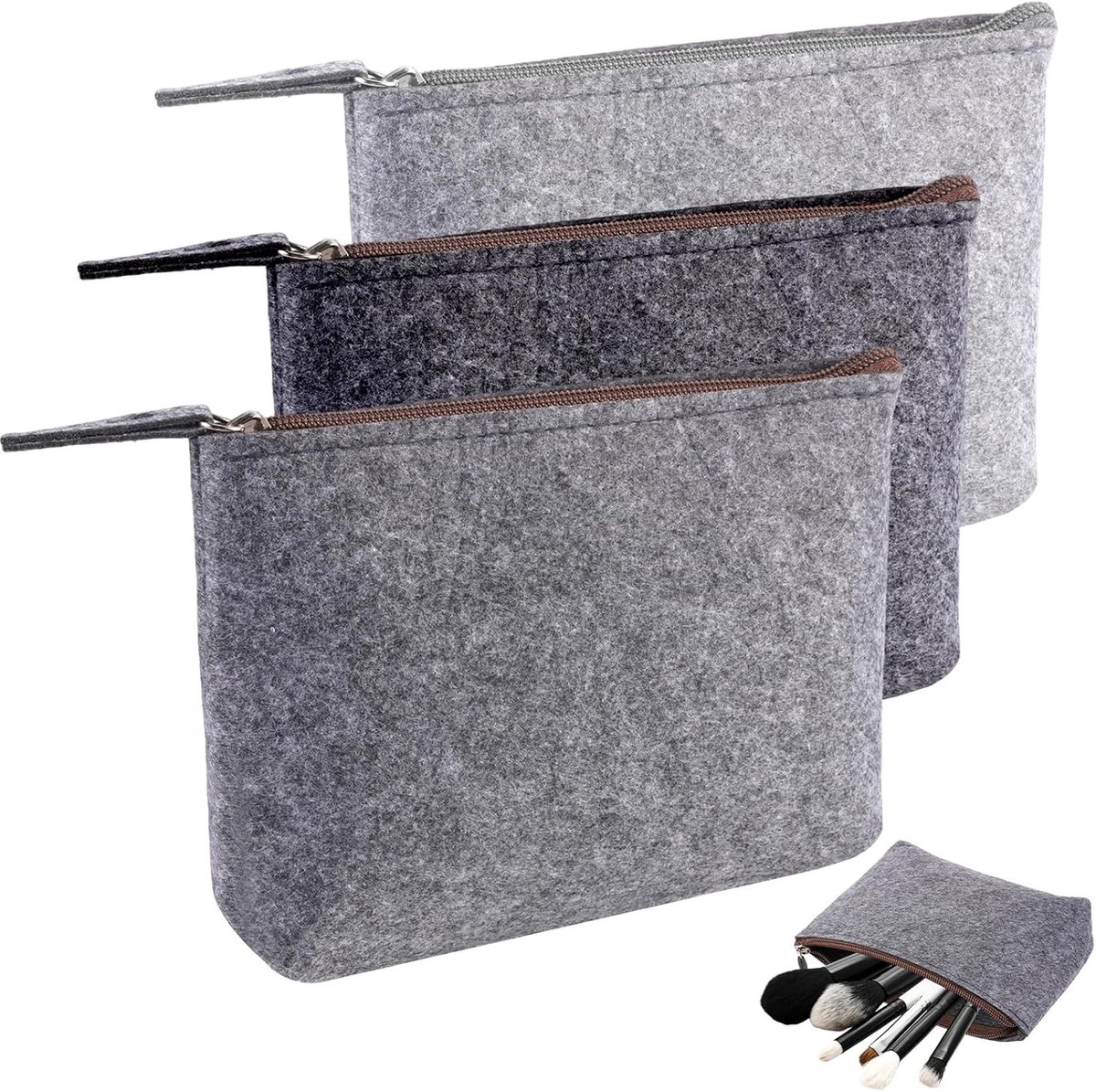 Set van 3 Vilt Make-up Tassen, Ideaal voor Reizen en Opberging, Compact en Lichtgewicht