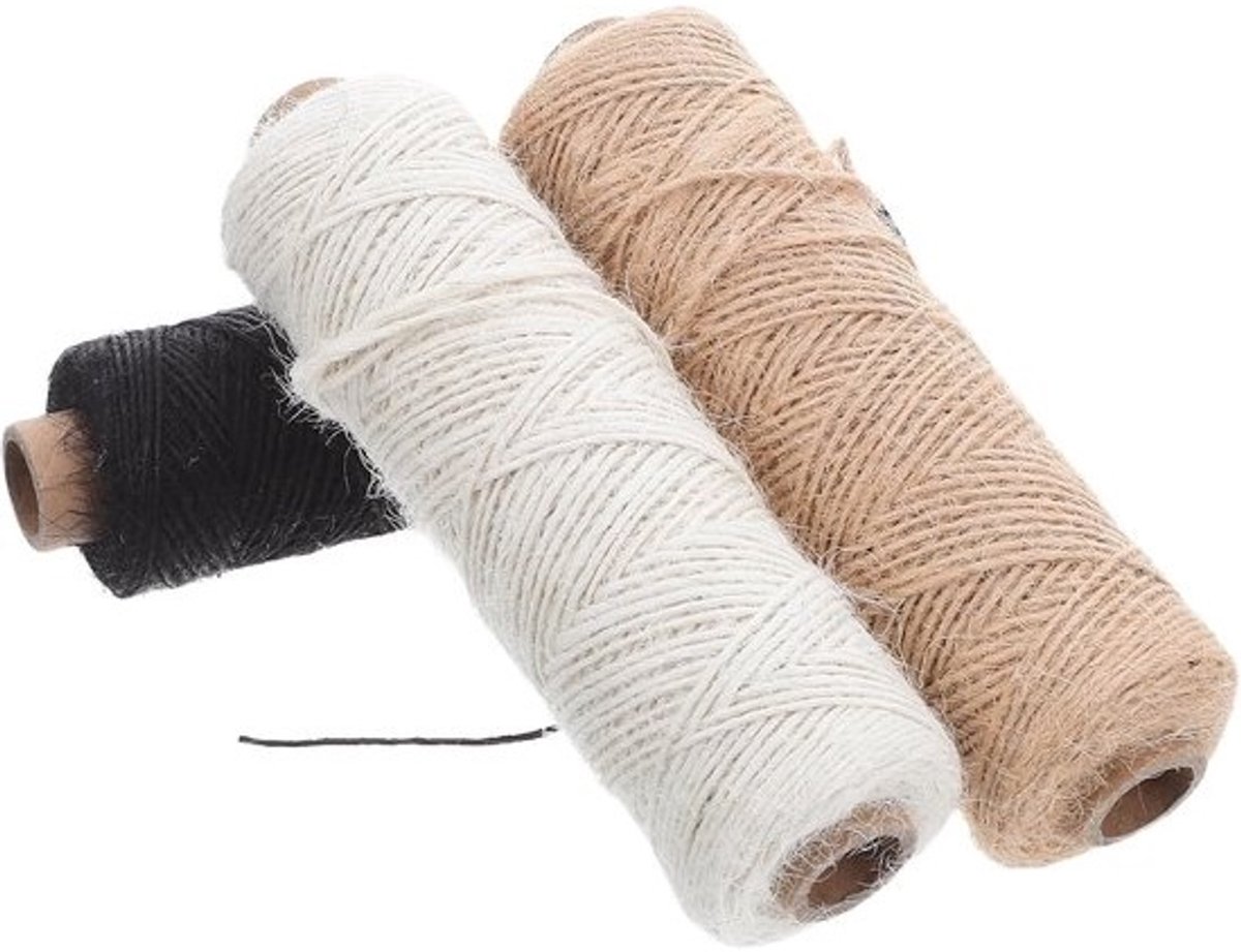 Handgevlochten jutetouw - Natuurlijk garen - Voor knutselen, tuinieren en decoratie - Weerbestendig - Sterk - 3 rollen - 100 meter - Diverse kleuren