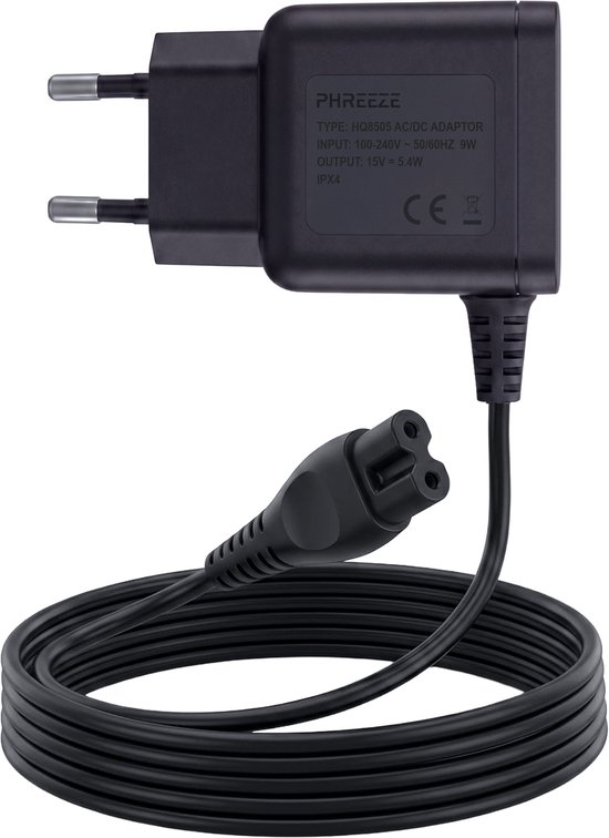 Zwarte Phreeze oplader met platte stekker en spiraalkabel met driepolige connector.