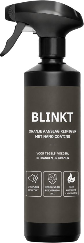 Fles BLINKT Oranje Aanslag Reiniger met Nano Coating op zwarte achtergrond.
