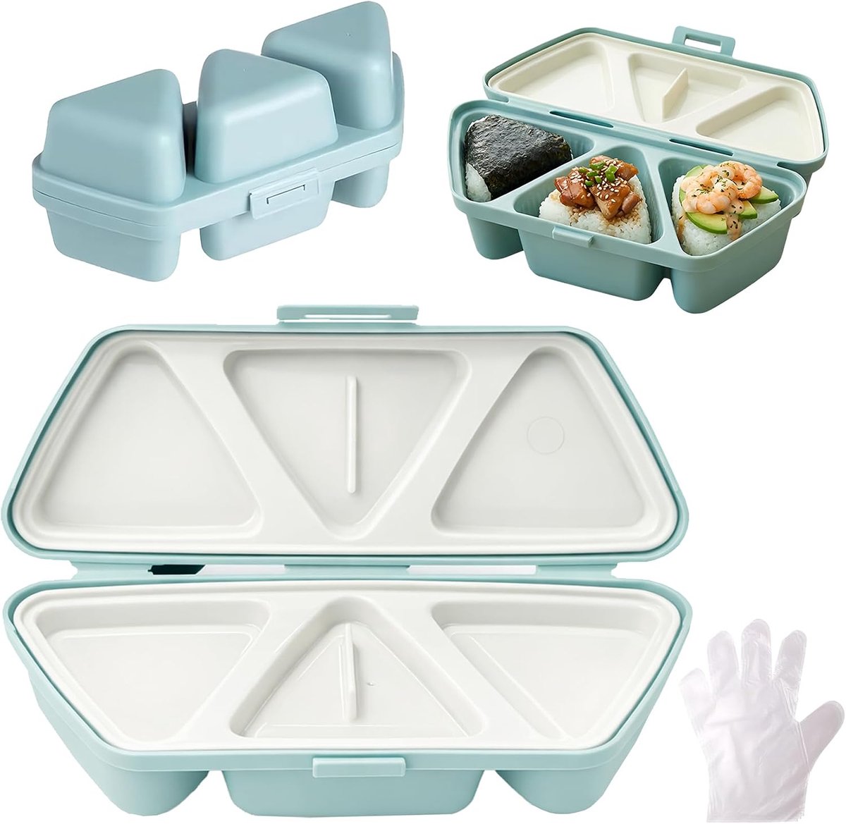 6-in-1 Onigiri Vorm / Sushi Maker - Inclusief 100 Handschoenen - Anti-aanbaklaag & BPA-vrij - Vaatwasmachinebestendig - Driehoekige Rijstbalvorm - SOLLBRY®