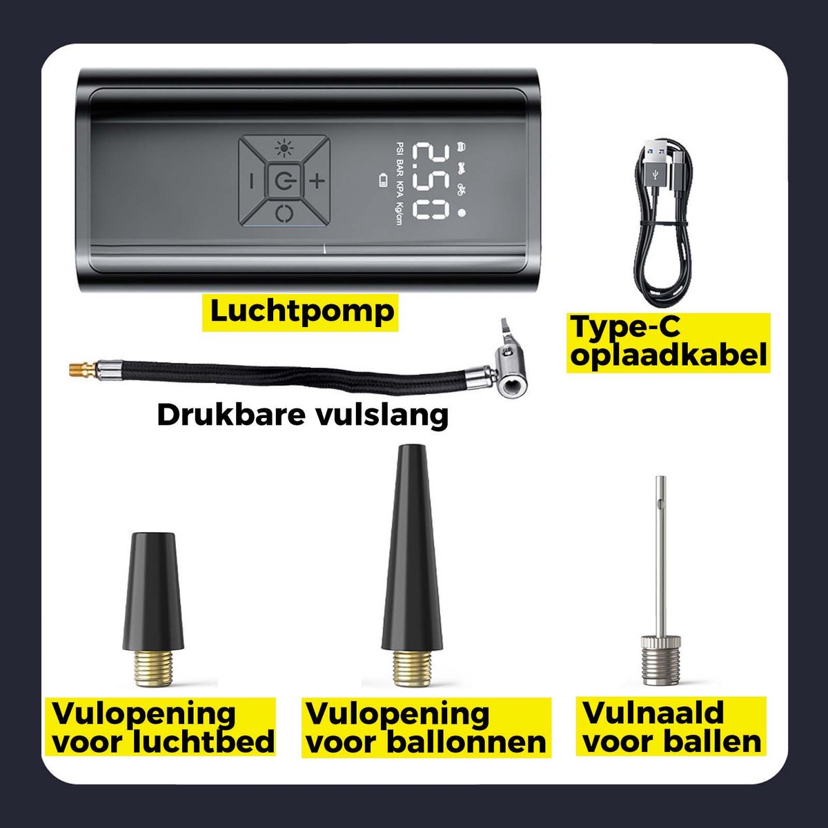Compressor Bandenpomp - Draagbare Luchtcompressor - 7000Mah - Elektrische Fietspomp Voor Fiets Auto Motor Bal Luchtbed - Zwart, 16 x 8 x 6 cm thumbnail 2