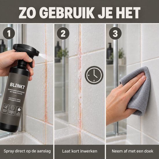Drie stappen: sprayen, laten inwerken en afnemen met een doek, met BLINKT Oranje Aanslag Reiniger.