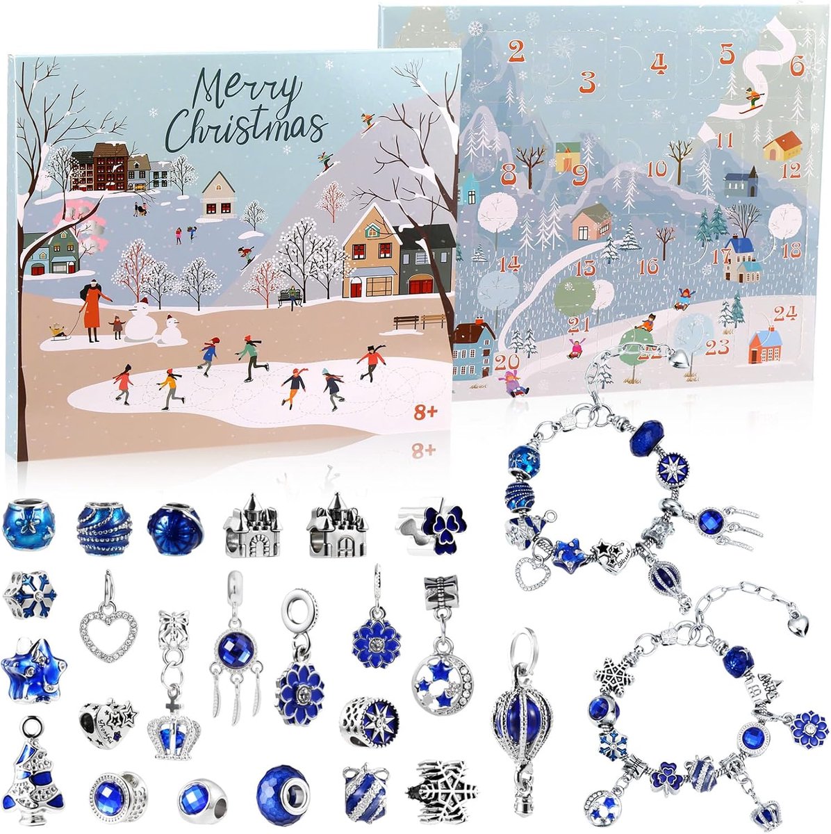 Adventskalender sieraden maken - Kinderen en dames - Kerstkalender vol bedels - Armband knutselset meisjes - Kralen zelf combineren - Twee verstelbare bandjes - Cadeau voor december - Blauw - Set met 24 vakjes