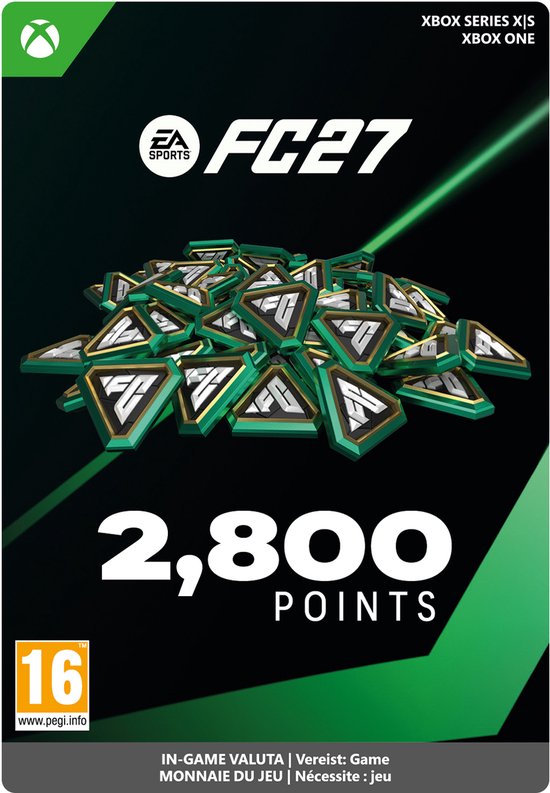 EA Sports FC 27: 2.800 punten, Xbox Series X|S/Xbox One. Stapel groene en gouden FC-munten op de voorkant.