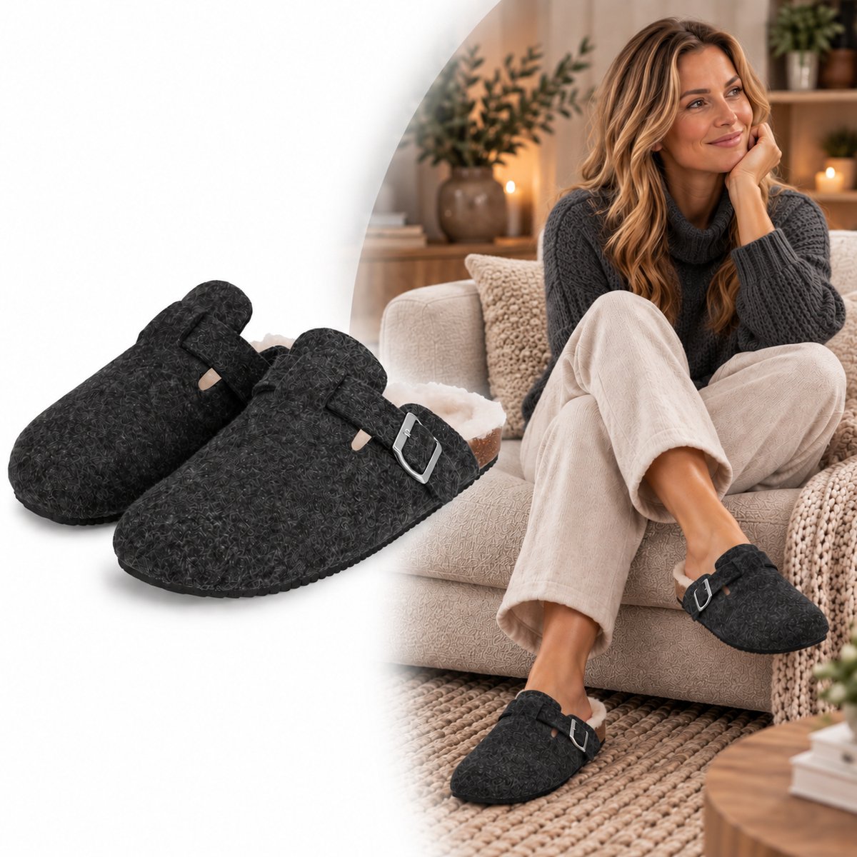 Heat Essentials - Sloffen Dames - Vilt - Gesp - Grijs - Maat 41 42 - Pantoffels Dames -Instap Sloffen Dames - Boston Sloffen