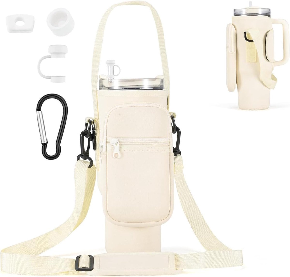 Stanley Cup tas - Waterfles draagtas - Bekerhouder met vak - Verstelbare schoudertas - Telefoonvak met rits - Inclusief karabijnhaak - Voor reizen sporten - Crème - 1,2 liter - 40 oz