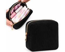 Make Maandverband Opbergtasje Dames – Compact Toilettasje 13 x 13 cm – Ribstof Etui met Gouden Rits – Voor Maandverband, Cosmetica & Toiletartikelen – Zwart