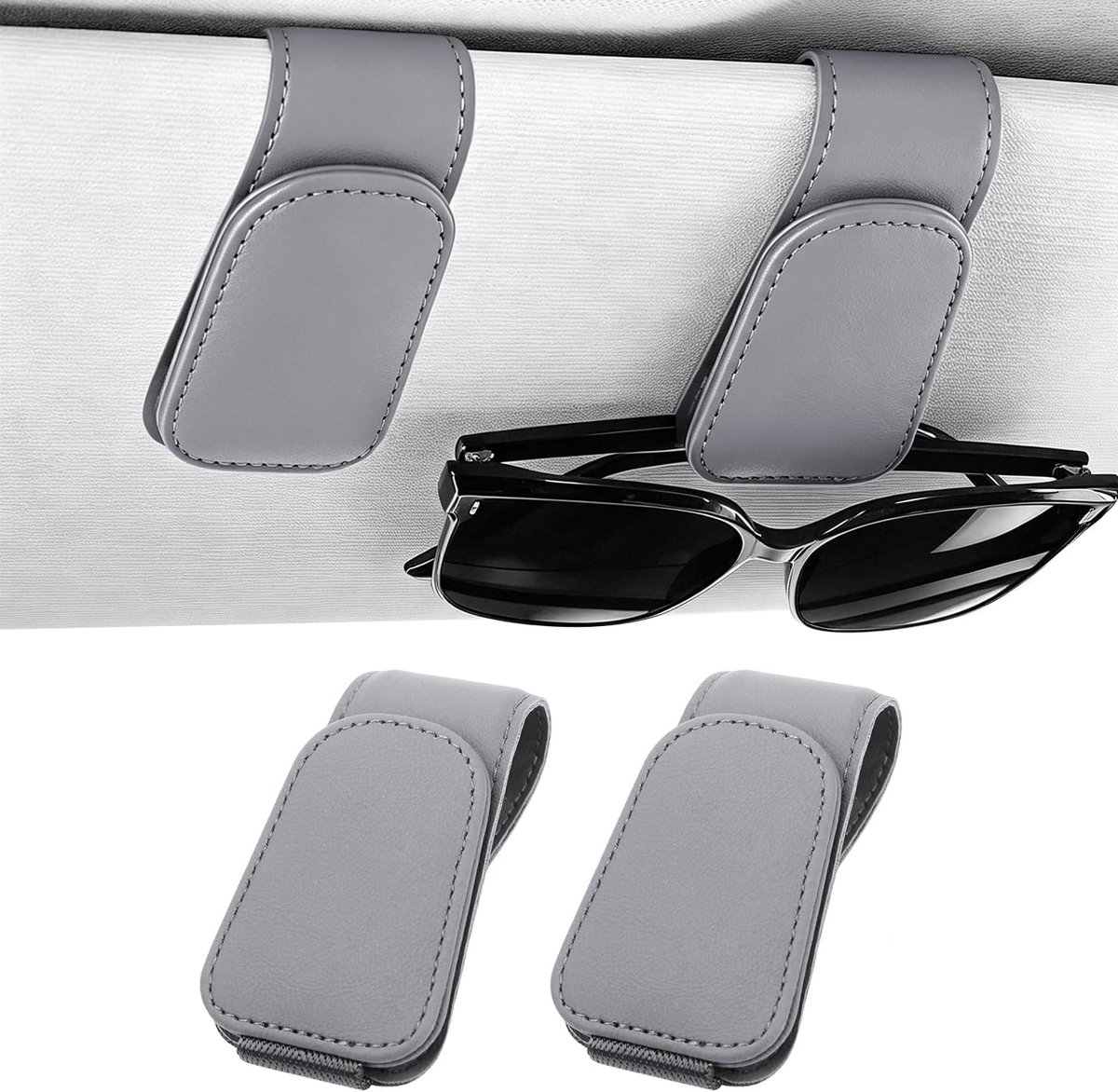Brillenhouder voor autozonneklep - Magnetische zonnebrilhouder auto - Opbergclip voor bril - Kaartvak voor kleine spullen - Slijtvast duurzaam PU-leer - Stevige zonneklep bevestiging - Lichtgrijs - 8,7 x 4,7 cm
