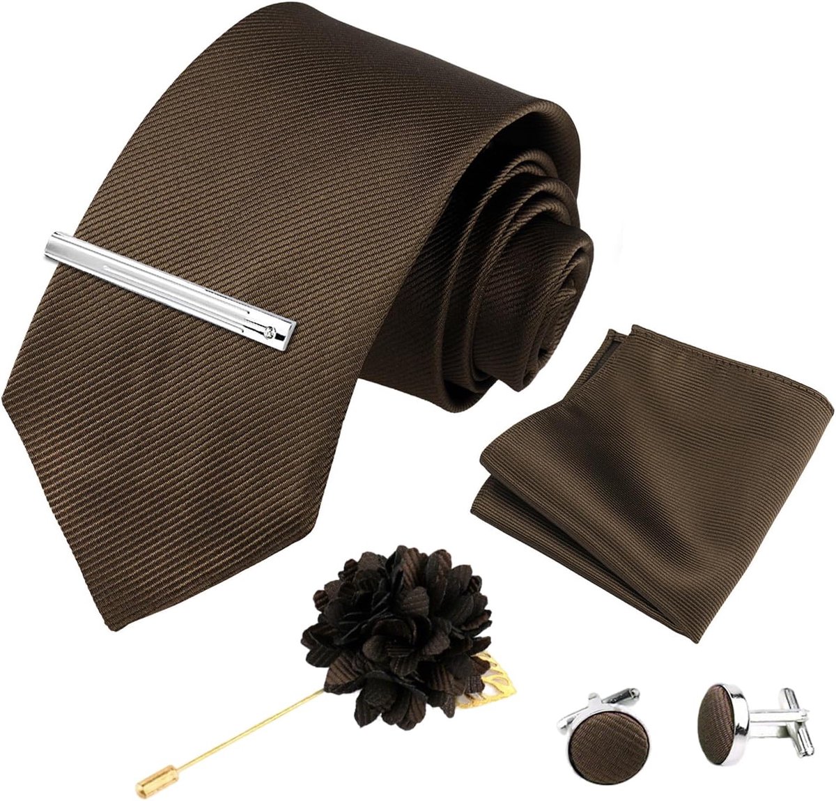 Men's Tie Elegant Set Twill Tie Solid Design Tie with Cufflinks Pocket Square Tie Pin and Flower Brooch for Party - ShopVlot