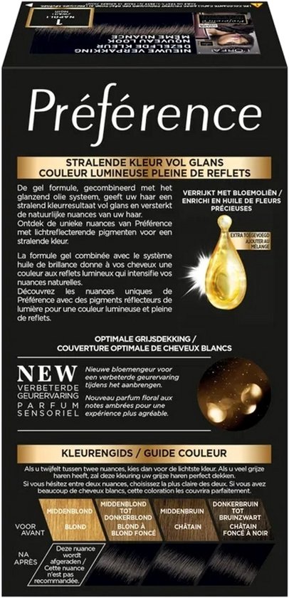 L'Oréal Paris Préférence haarkleuring in de kleur Zwart 1. Verpakking met tekst: "STRAKENDE KLEUR VOL GLANS COULEUR LUMINEUSE PLEINE DE REFLETS".