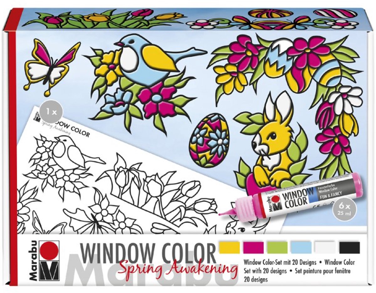 Marabu Window Color Fun and Fancy 'Spring Awakening', 6x 25 ml, gesorteerde kleuren, incl. schildersfolie en voorbeeld
