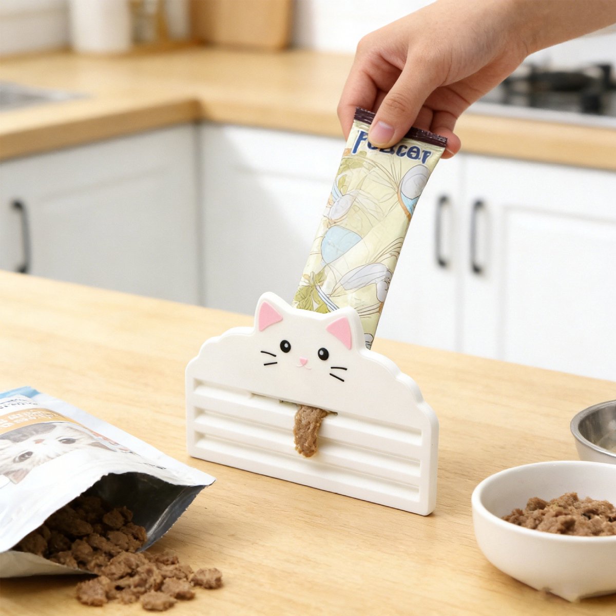 Kattenvoer Squeezer & Dispenser – 3D Geprint – Knijphulp voor Kattenvoer Pouches & Vleespuree – Geen Verspilling – Huisdier Gadget - Wit