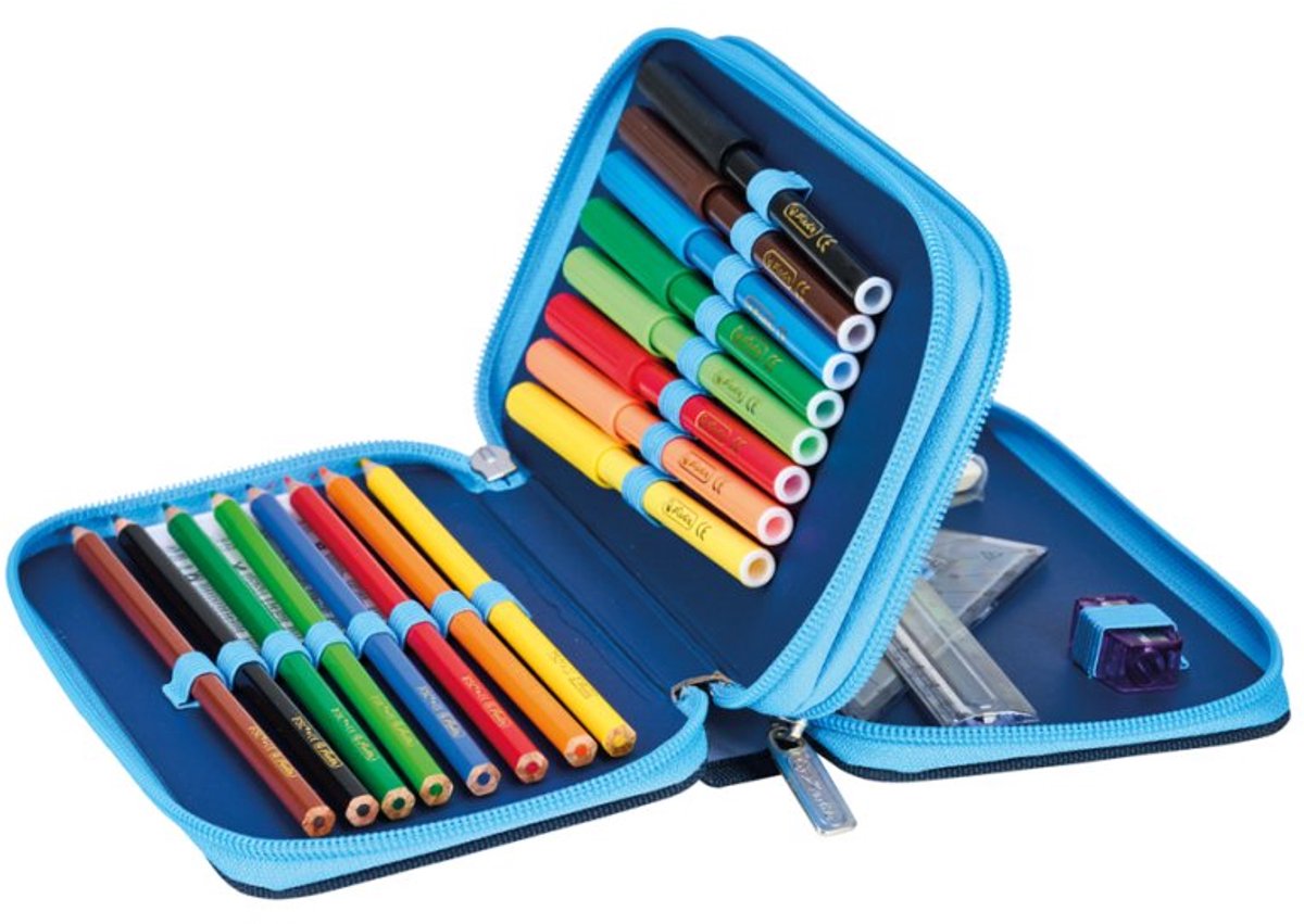 herlitz etui dubbel Blue Goal, 2 vakken, 23-delig, gevuld