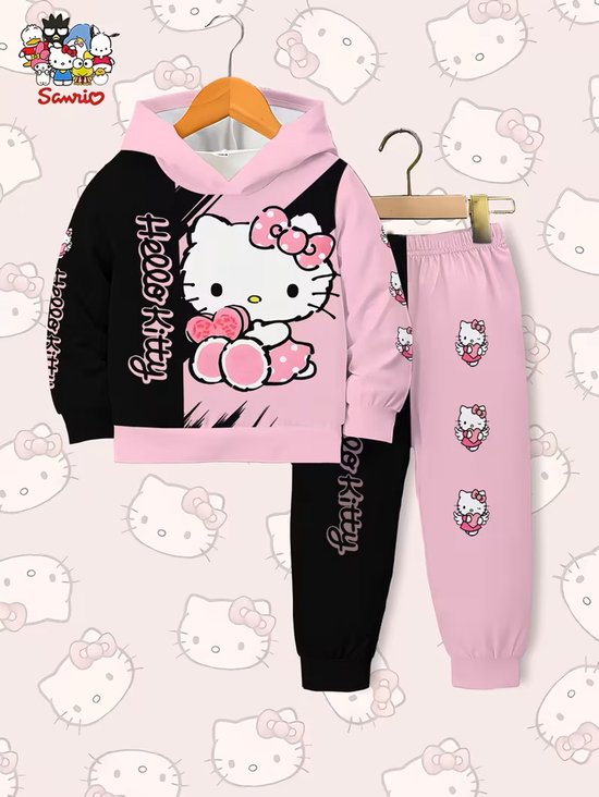 Roze en zwarte Hello Kitty kledingset met capuchontrui en broek. Met grote Hello Kitty print.
