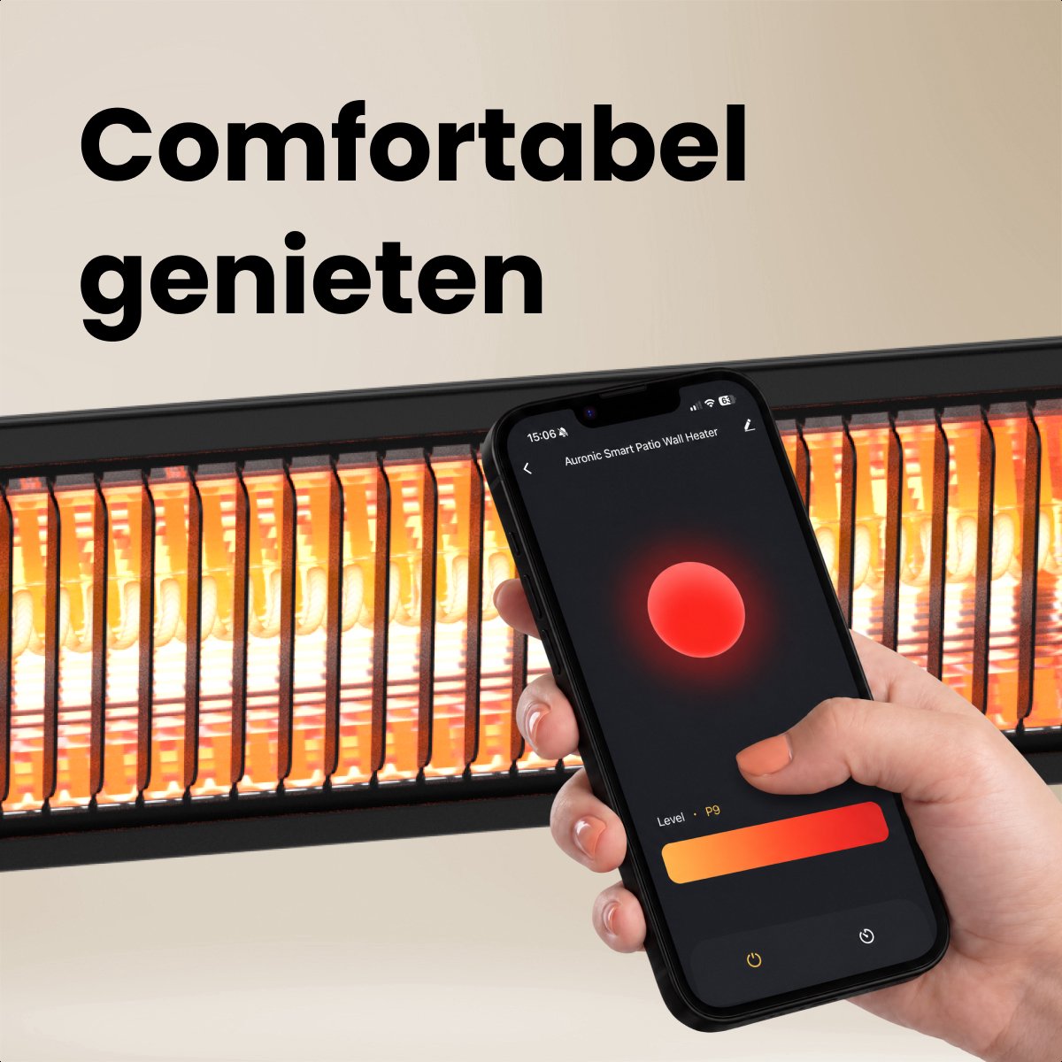 Auronic Smart Terrasverwarmer XL- Infrarood Verwarming - Elektrische Heater Carbon Fibre - Tot 25m2 - 3000W - Met app en Afstandsbediening - 9 standen - Zwart – foto 6