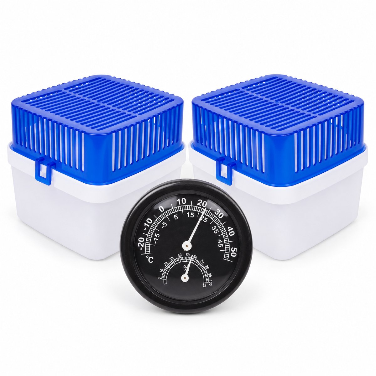 Vochtvanger set - 2 XL vochtopnemers 1,8 liter - 4 x 400 g vulling - Thermo-hygrometer