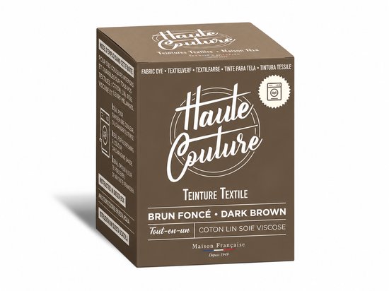 Boîte de teinture textile marron foncé avec logo Haute Couture. "Teinture Textile Brun Foncé Dark Brown".