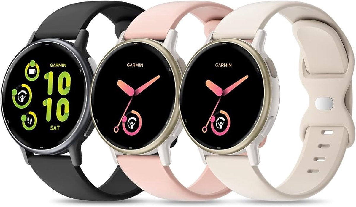 Garmin horlogeband 20mm - Drie reservebandjes - Siliconen sportarmband - Vivoactive 5 compatibel - Venu modellen geschikt - Verstelbare vlindergesp - Licht waterdicht materiaal - 3 stuks - Zwart/roze/creme - Pols 130-205 mm