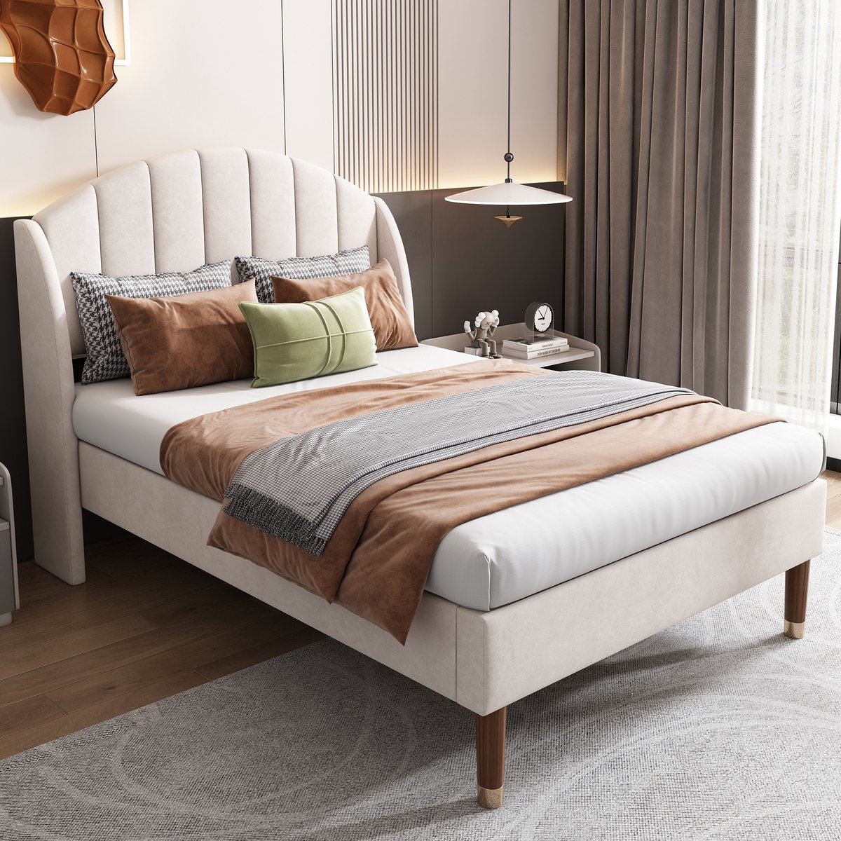 AURA LUMEN-Gestoffeerd bed-Eenpersoonsbed-90 x 200 cm-Bed met hoofdbord-Bed met opbergruimte-Beige-Zonder matras