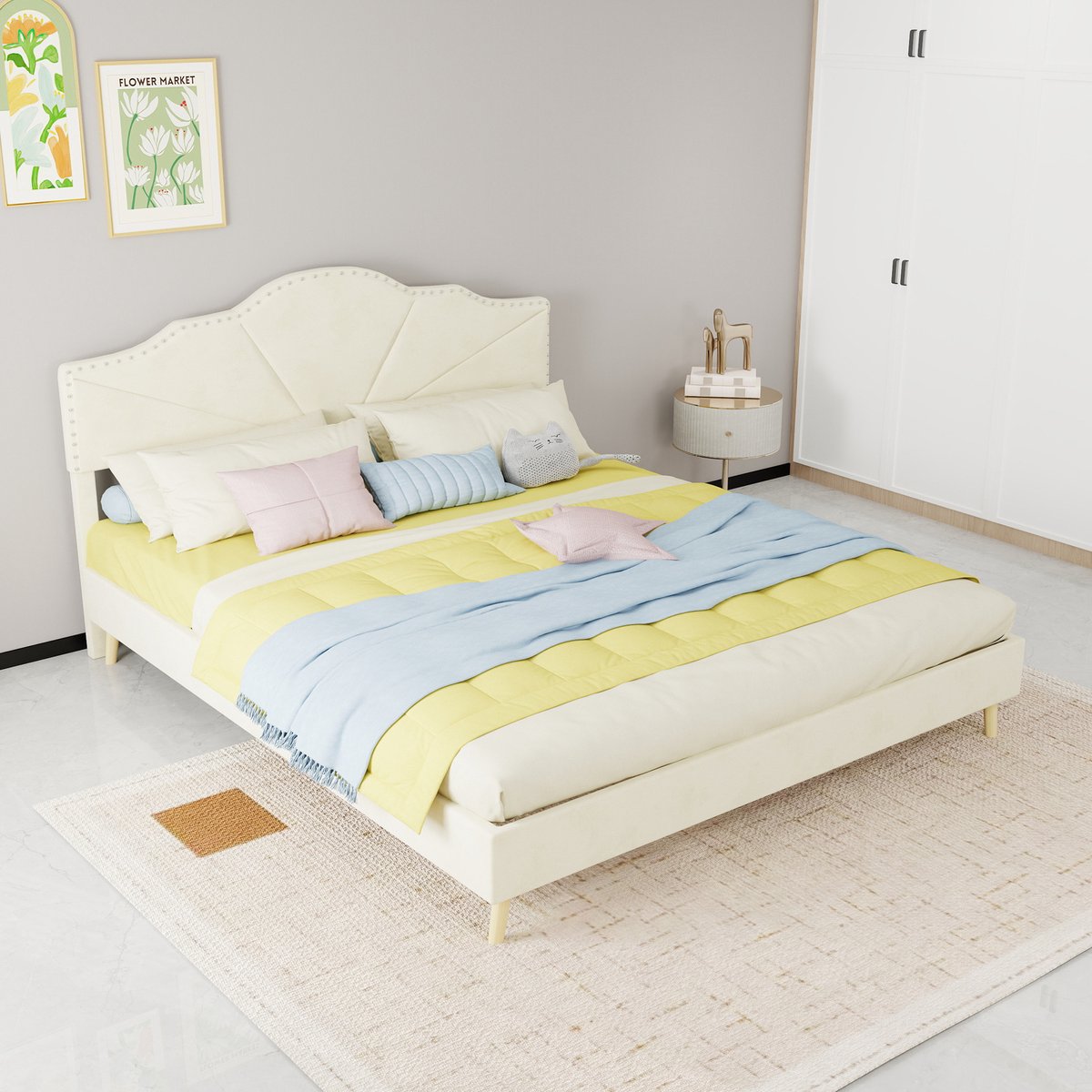 AURA LUMEN-Gestoffeerd bed-Tweepersoonsbed-160 x 200 cm-Soft hoofdbord-Geometrisch design-Beige