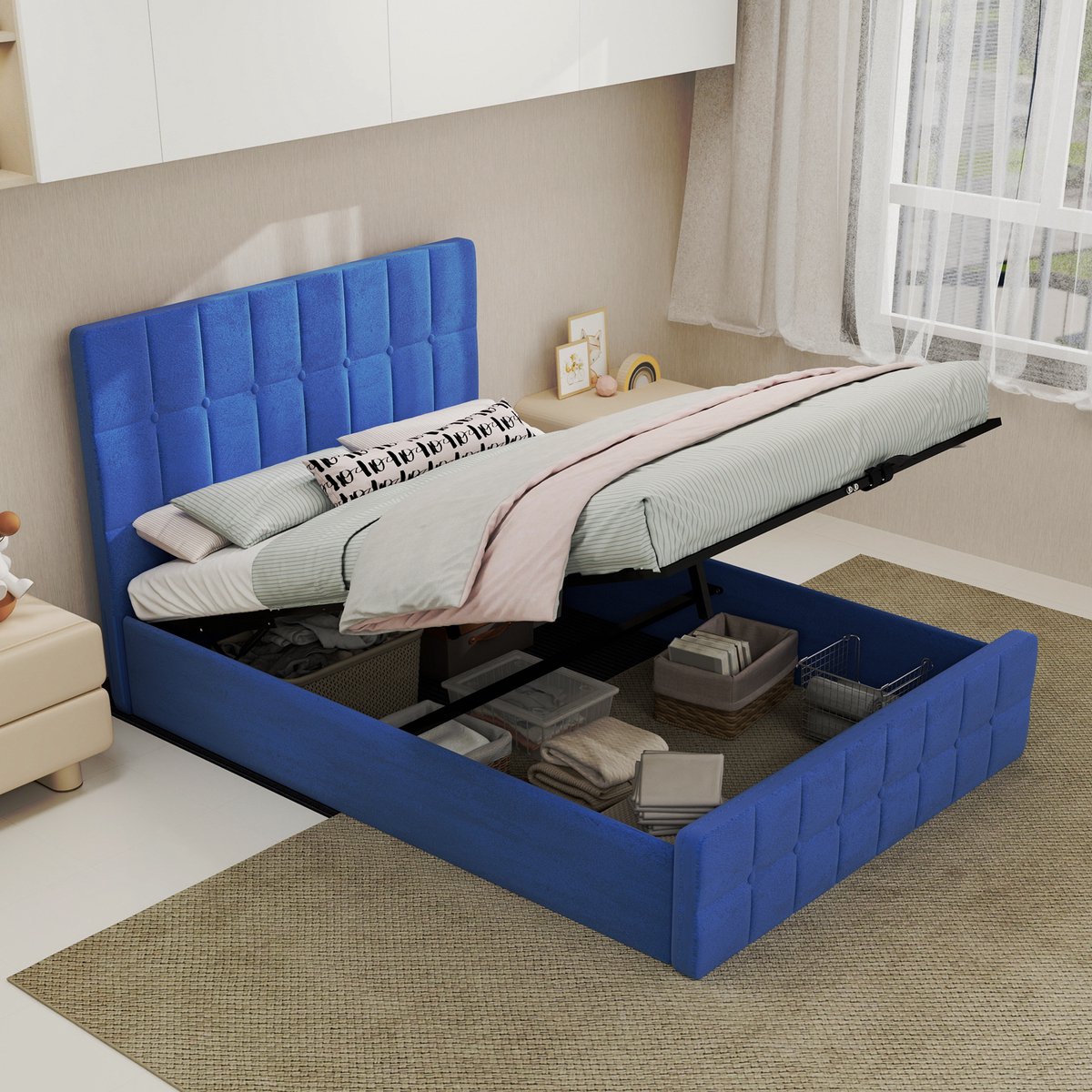 AURA LUMEN-Gestoffeerd bed-Twijnfelaarbed-140 x 200 cm-Bed met opbergruimte-Bed met hoofdbord-Blauw