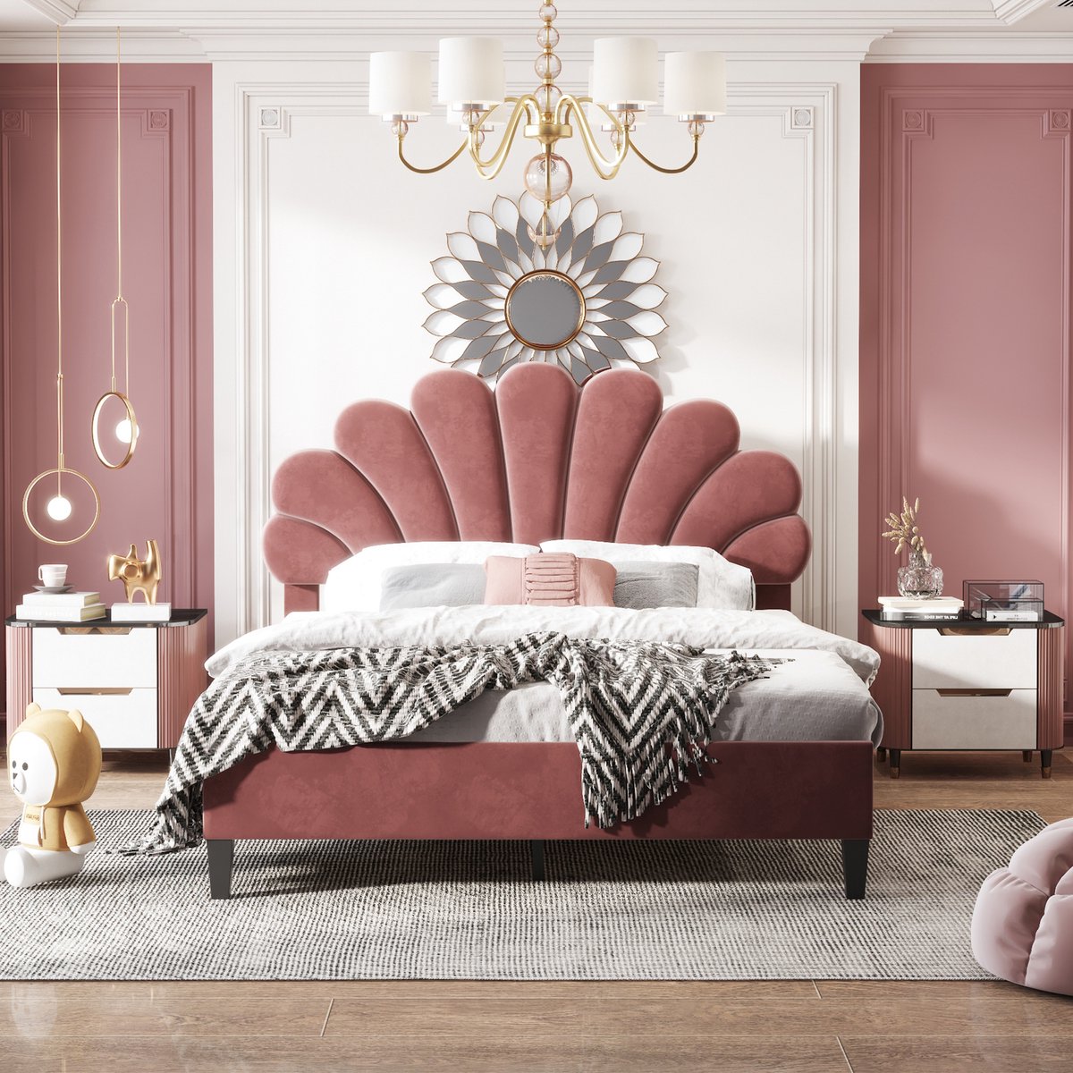 AURA LUMEN Gestoffeerd bed-Twijfelaarbed-140 x 200 cm-Met hoofdbord-Gepolst in fluweel-Bohnenrood