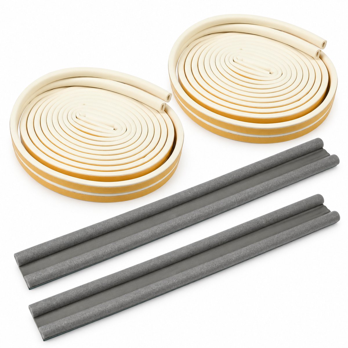 Tochtwering set - 12 meter EPDM D-profiel wit - 2 dubbele tochtrollen 95 cm grijs - Voor ramen en deuren