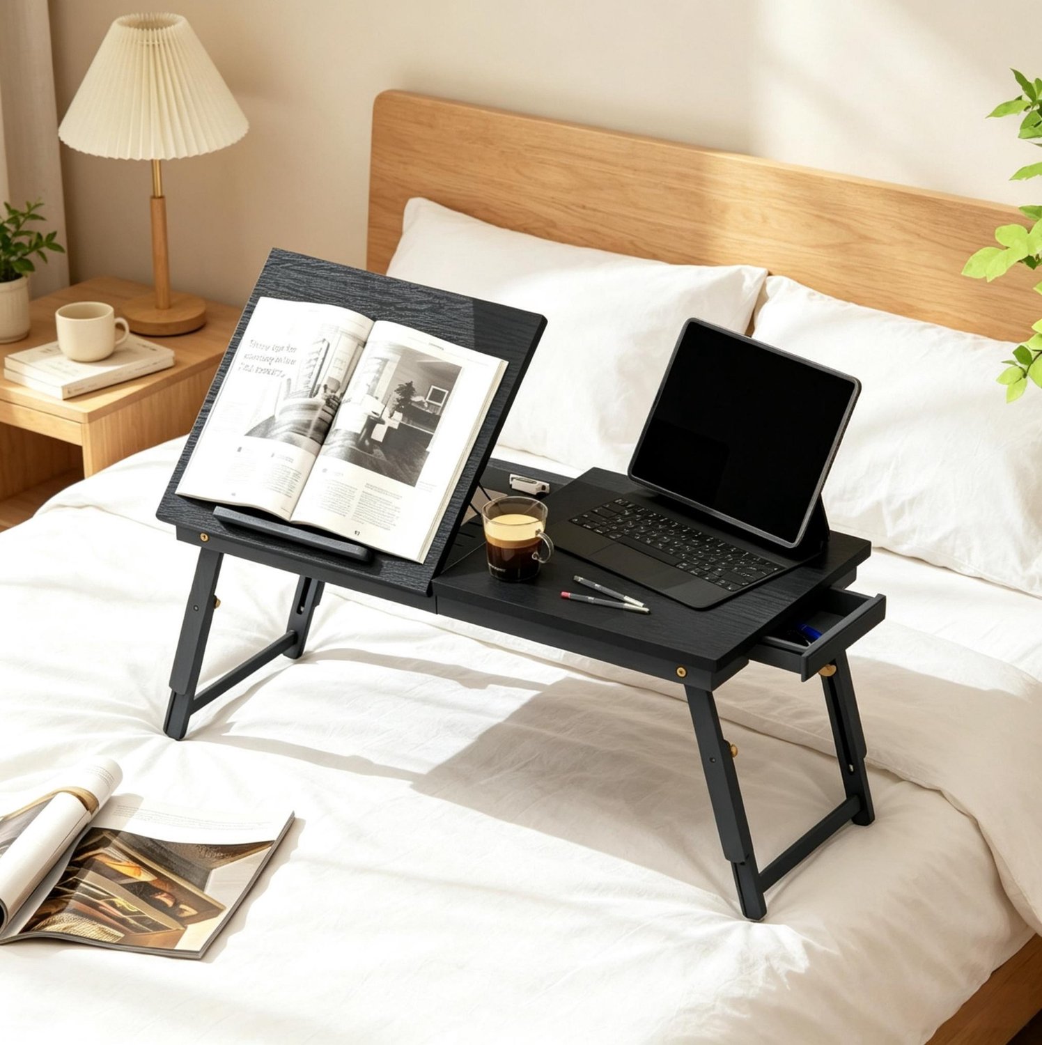 DESMIU Bedtafel - Opklapbare Laptoptafel met Kantelbaar Blad en Lade - Voor Bed en Bank - Bamboe en MDF - Zwart - 83,5 x 33 x 23,5-34 cm