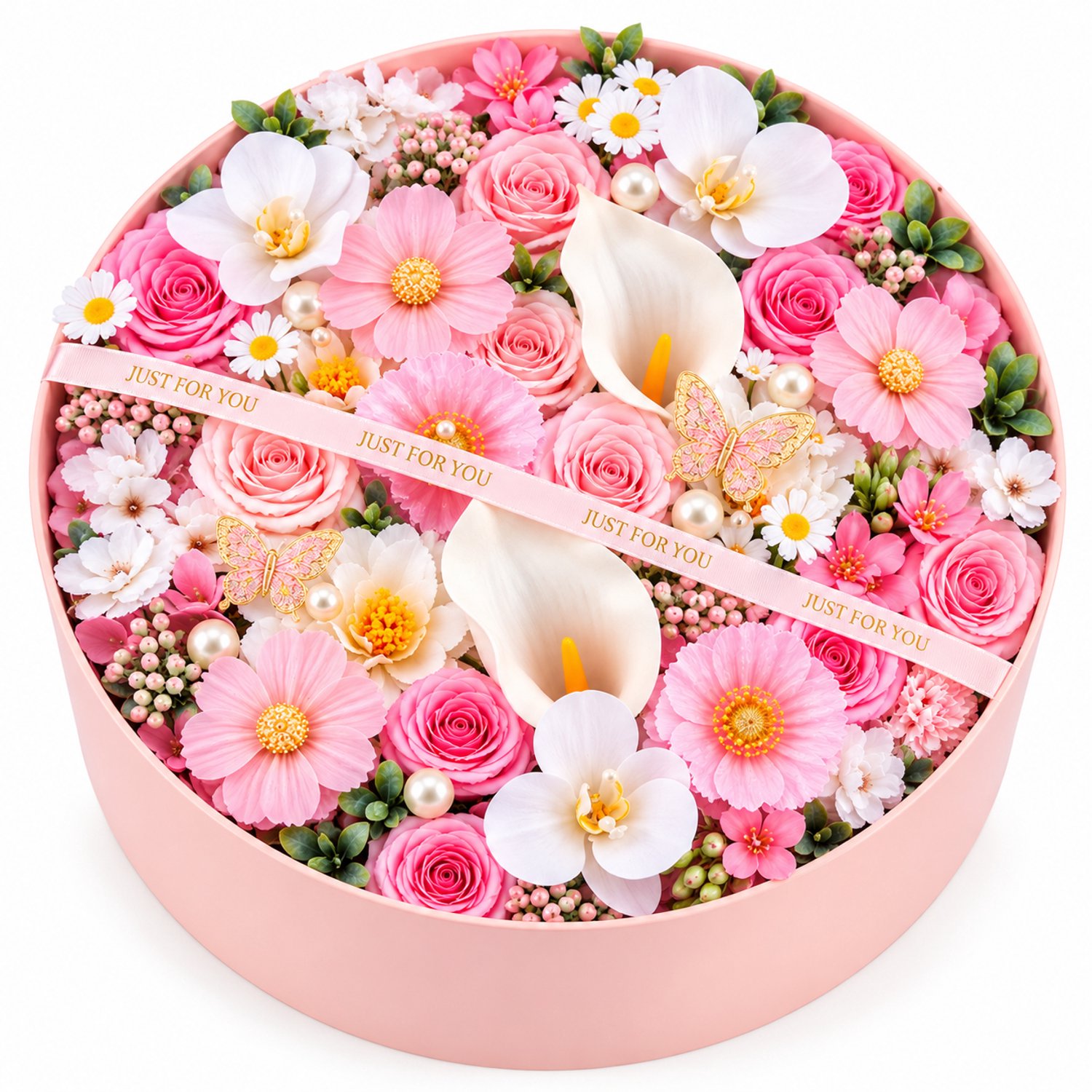 La Roselle Amsterdam Luxe Bloemenbox Roze-Wit met Kunstbloemen – Rond Bloemstuk met Rozen, Orchideeën en Pareldecoratie – Cadeau voor Verjaardag, Moederdag, Valentijn, Jubileum, Bruiloft en Kerst | La Roselle Amsterdam Roze, Lichtroze, Wit, Pastel