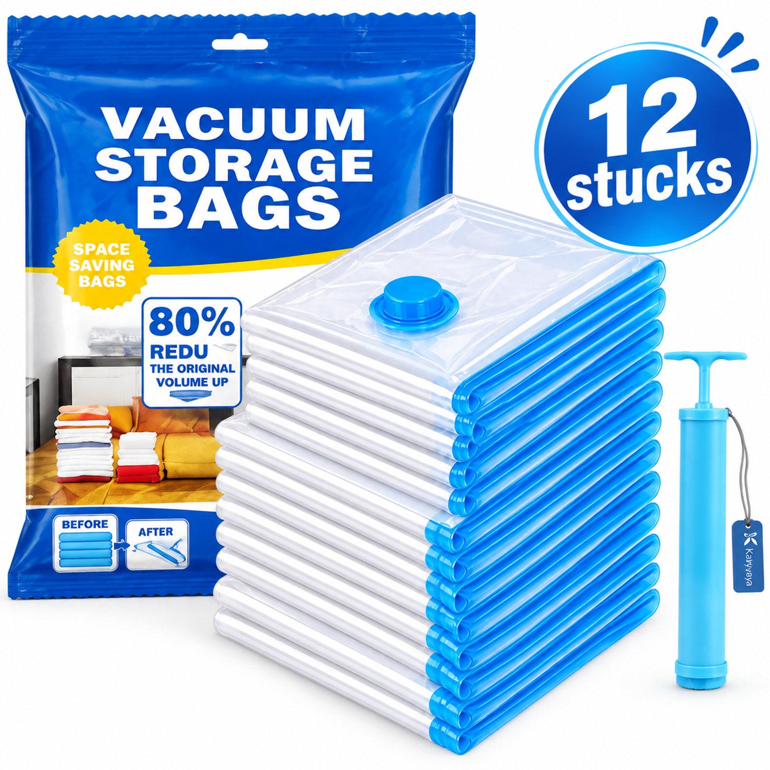 kaiyaya Vacuumzakken voor kleding en dekbedden - incl. handpomp - 12 stuks / 3Maten - Reiszakken - Vacumeerzakken -5 medium, 5 groot, 2 extra groot transparant