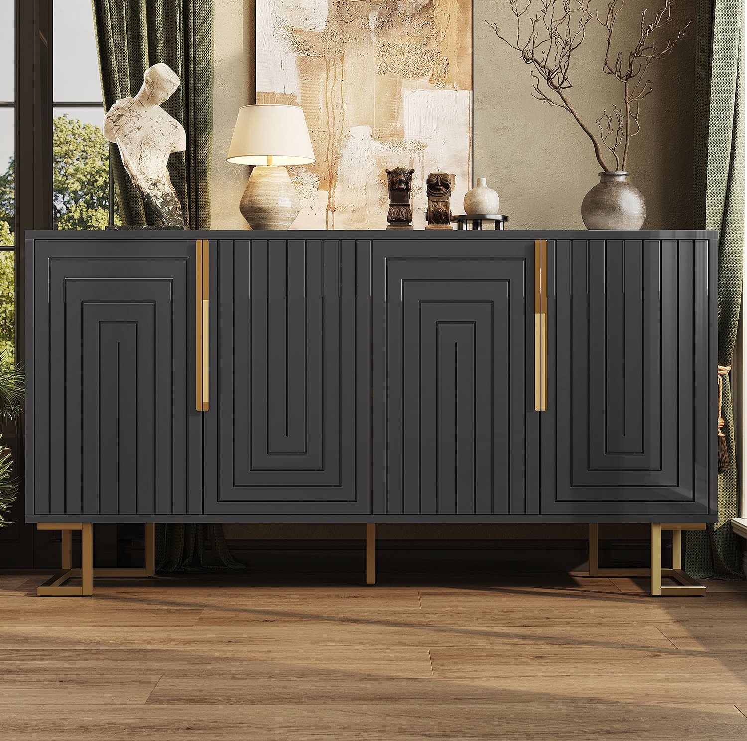 Maisentiel Zwart dressoir met 2 deuren en geometrisch design – 152 x 40 x 75 cm