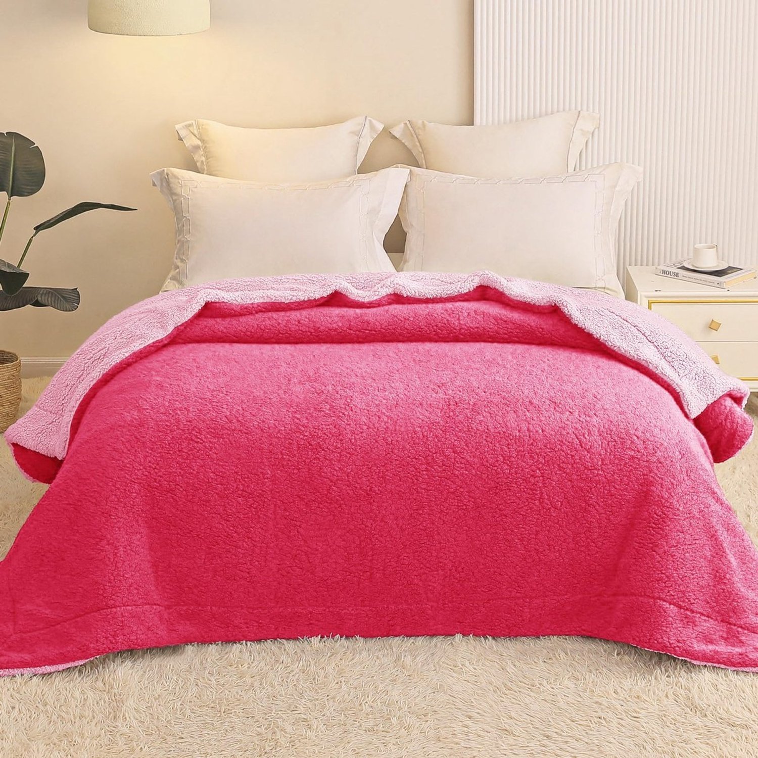 Duraxl Fleece deken - Omkeerbaar - 220 x 240 cm - Felroze en lichtroze