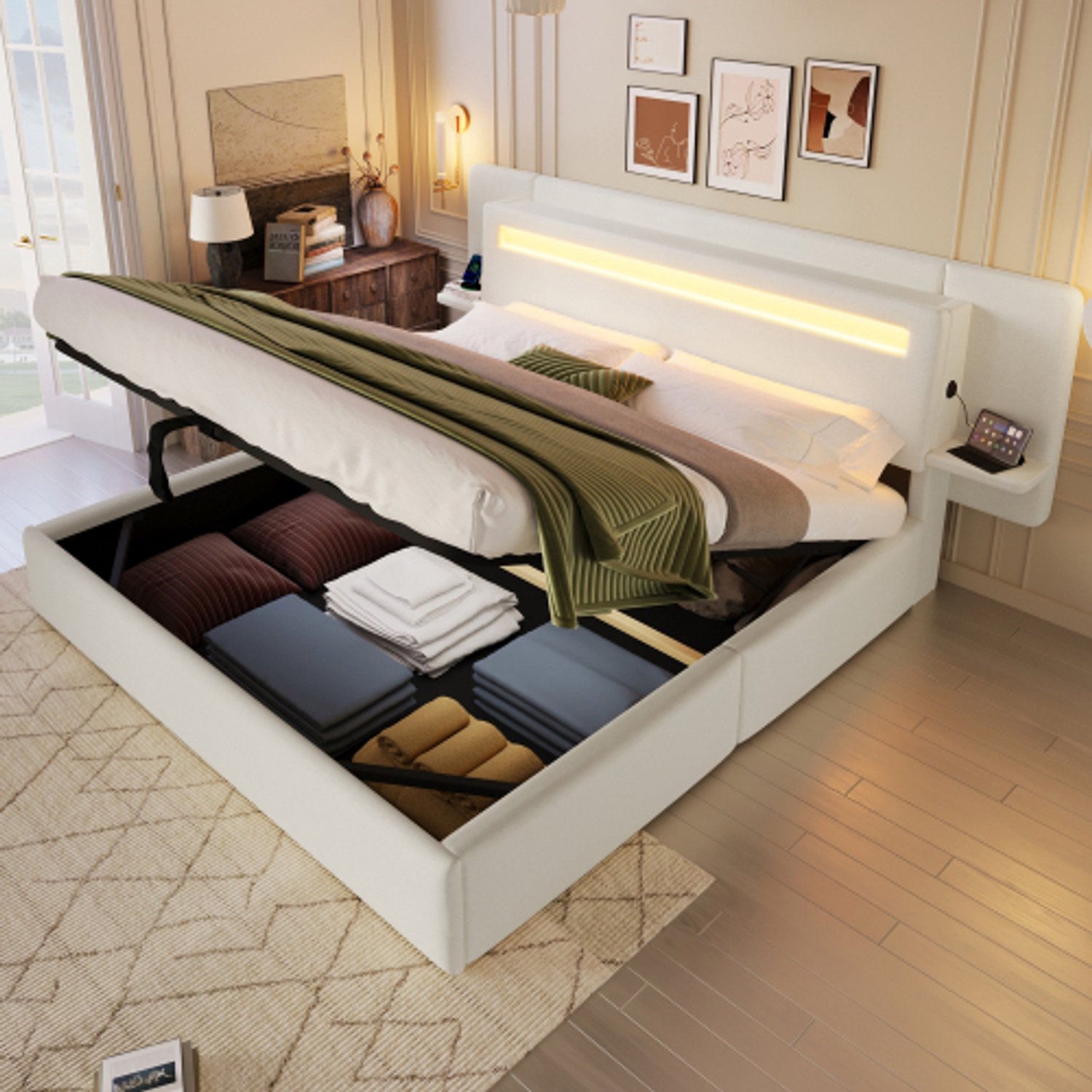 Zubaliya Kinderbed, Tweepersoonsbed, 180 x 200 cm Gestoffeerd bed, hydraulische opbergruimte, geïntegreerd nachtkastje & USB-aansluiting, meerkleurige LED-lichtstrip beige