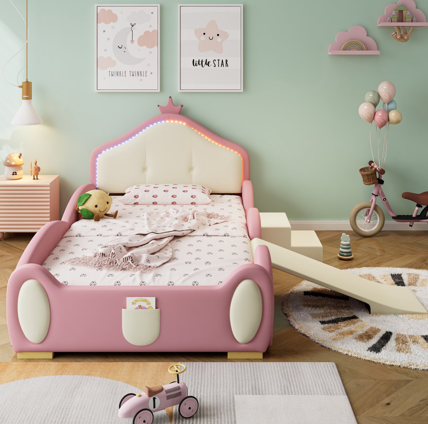 Maisentiel Kinderbed met kroonmotief, glijbaan, trap en ledverlichting - 90 x 200 cm - roze/beige