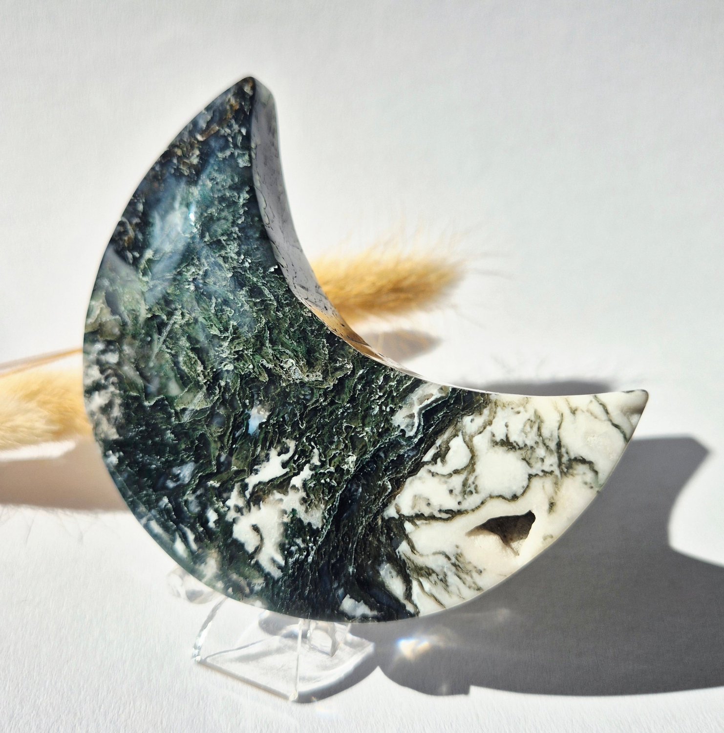 Moonlight Gemstones Edelsteen Mosagaat Maan op Standaard (Druzy & Patronen) Agaat - #318 10-12cm Meerkleurig