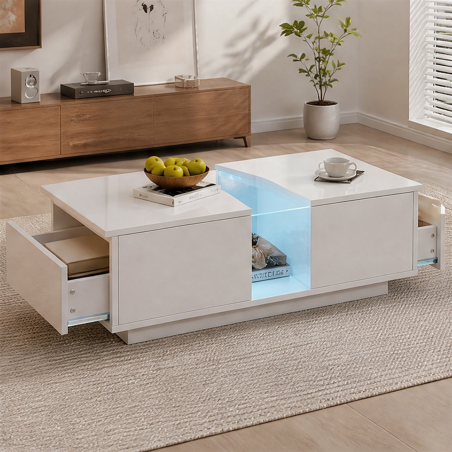City long dragon LONG DRAGON - Salontafel - 100x50x35 cm wit hoogglans - LED met app-bediening, acrylplaat en 2 lades