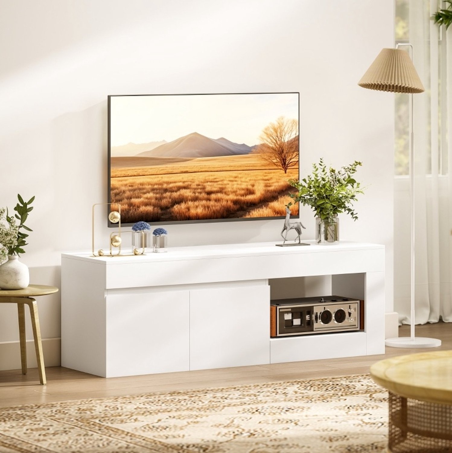 DESMIU Tv-meubel - 2 Deuren en Open Vak - Zacht Sluitende Scharnieren voor Woonkamer en Tv's tot 60 Inch - Spaanplaat - Wit - 140 x 40 x 48 cm