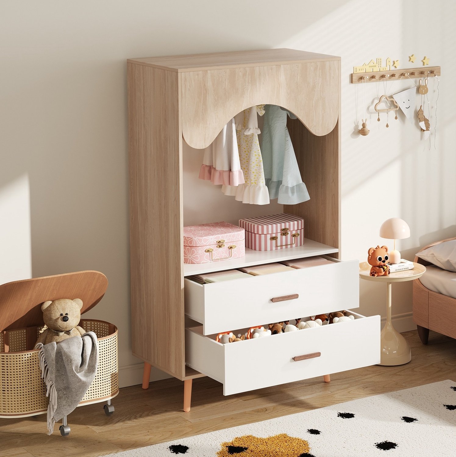 FloraGrace Kinderkledingkast - Open Kast met Kledingroede en 2 Lades - voor Kinderkamer - Houtvezelplaat en Hout - Wit en Naturel - 80x46x141,5 cm Naturel en wit