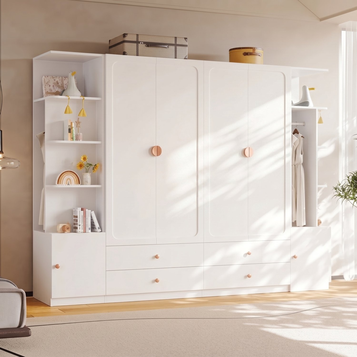 HAUSS SPOLE Kledingkast - 6 Deuren Met 4 Laden En 4 Kledingstangen - Voor Slaapkamer En Kleedkamer - Hout, MDF En Staal - 270x45x200 Cm - Wit