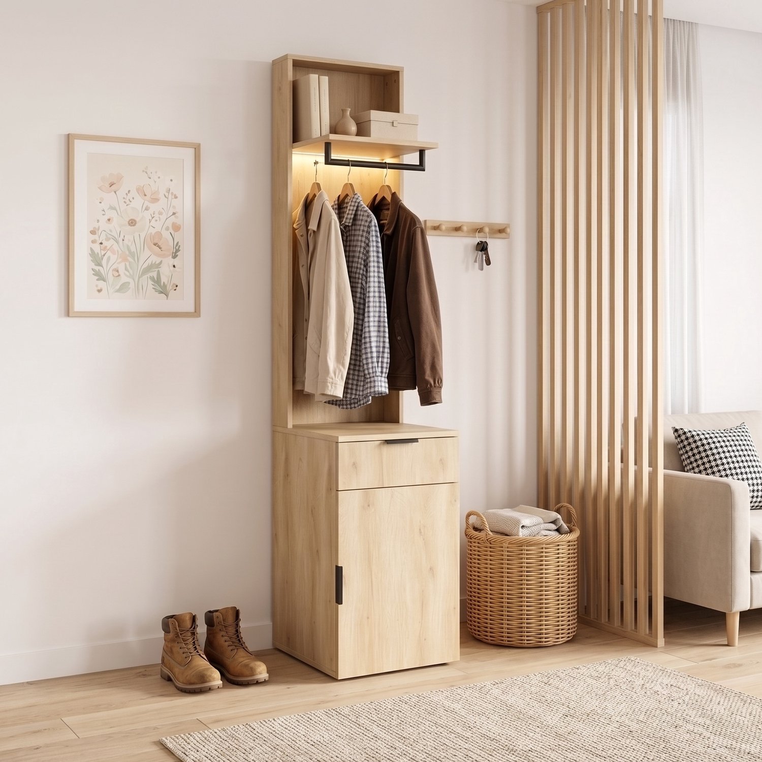 HAUSS SPOLE Garderobekast - Kledingstang Met Ledverlichting En Sieradenlade - Voor Hal En Slaapkamer - Mdf In Eikenkleur - 45x47x200 Cm Eikenkleur en zwart