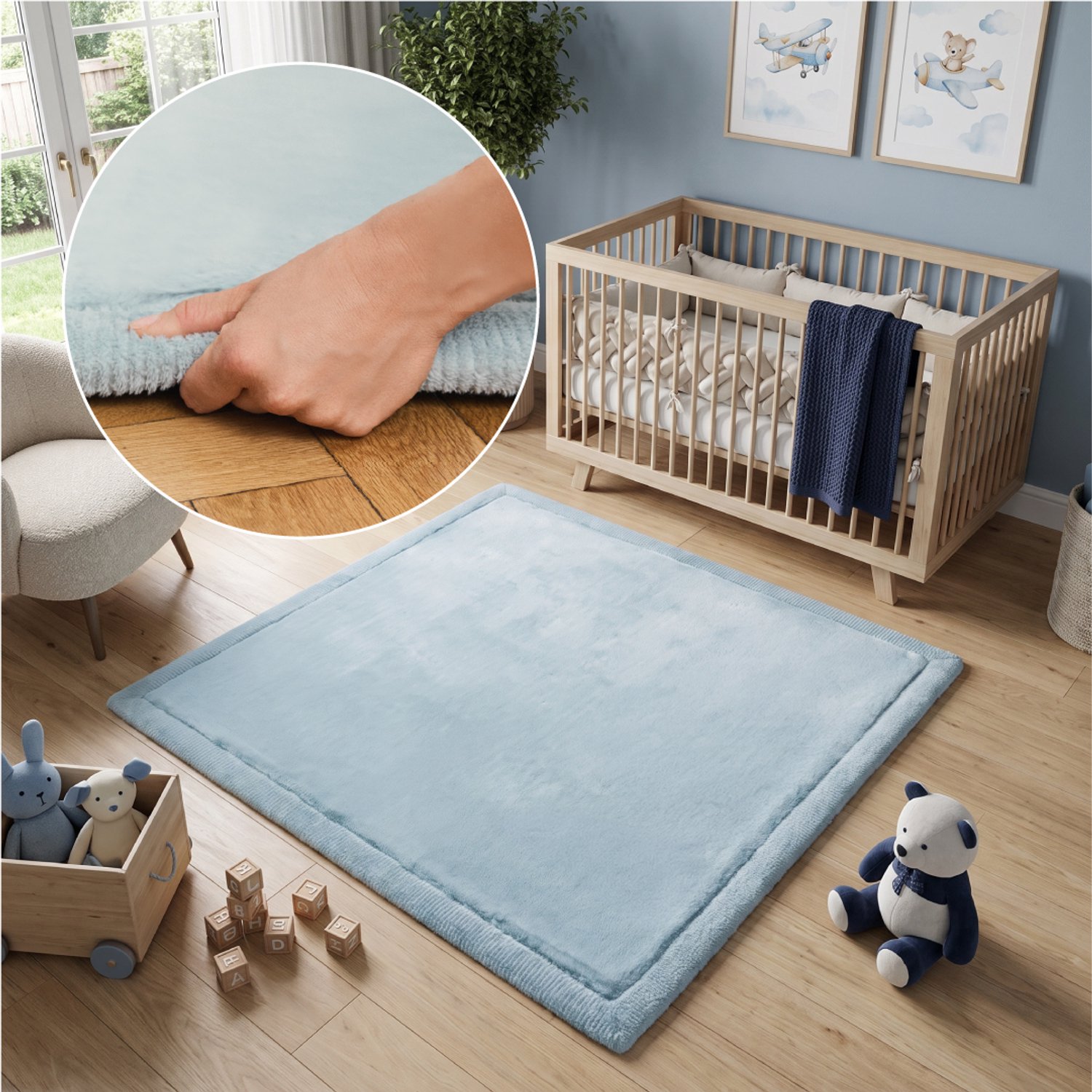 Tapiso Fluffin Vierkant Vloerkleed Lichtblauw Traagschuim Zacht Antislip Wasbaar Kinderkamer Slaapkamer Tapijt Maat- 100x100